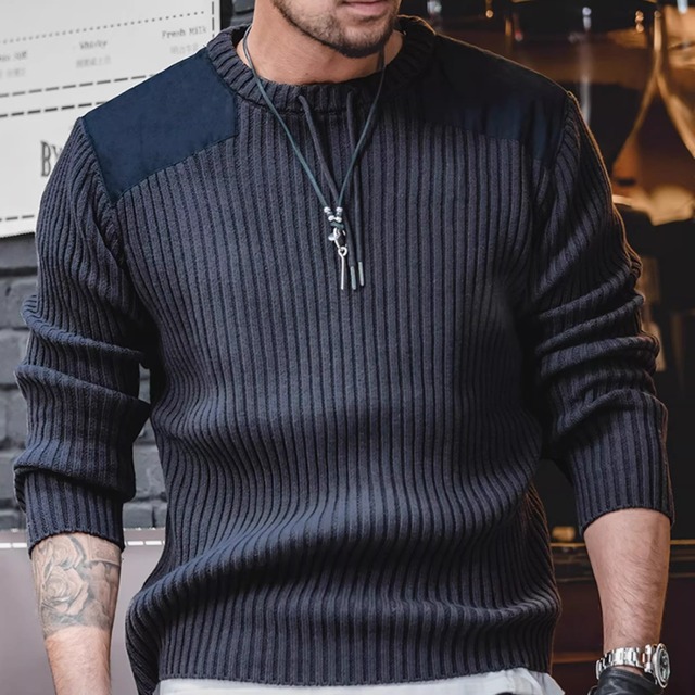 Workwear American Retro Vertical Striped Patchwork Sweater Crew Neck(GV011)