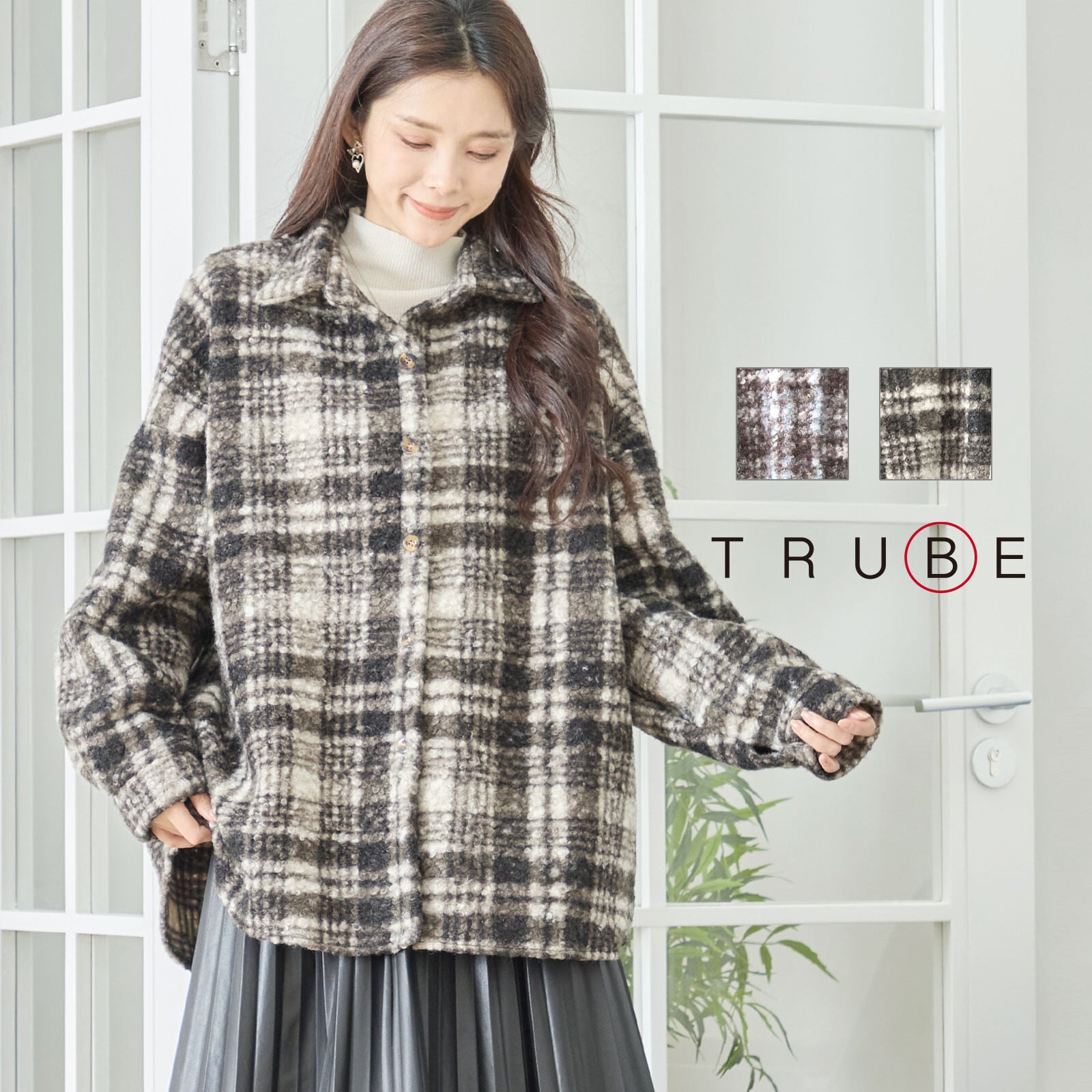 【L〜LL】チェック柄 もこもこジャケット(N72-345)