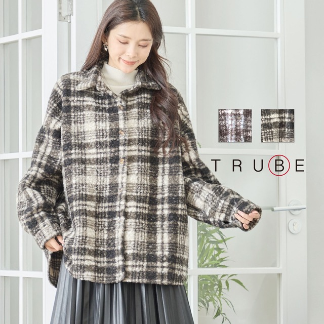 【L〜LL】チェック柄 もこもこジャケット(N72-345)