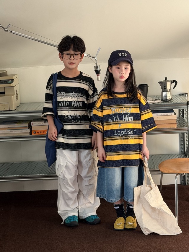 ボーダービッグTシャツ（アイボリー／イエロー）KMAI 2026春｜100-160cm｜トップス｜半袖｜オーバーサイズ ［取寄］