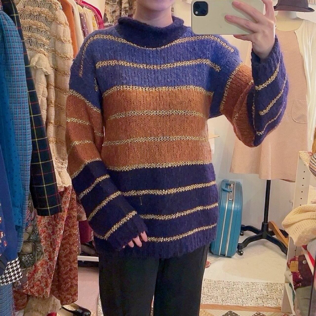 purple lame gold high necked sweater