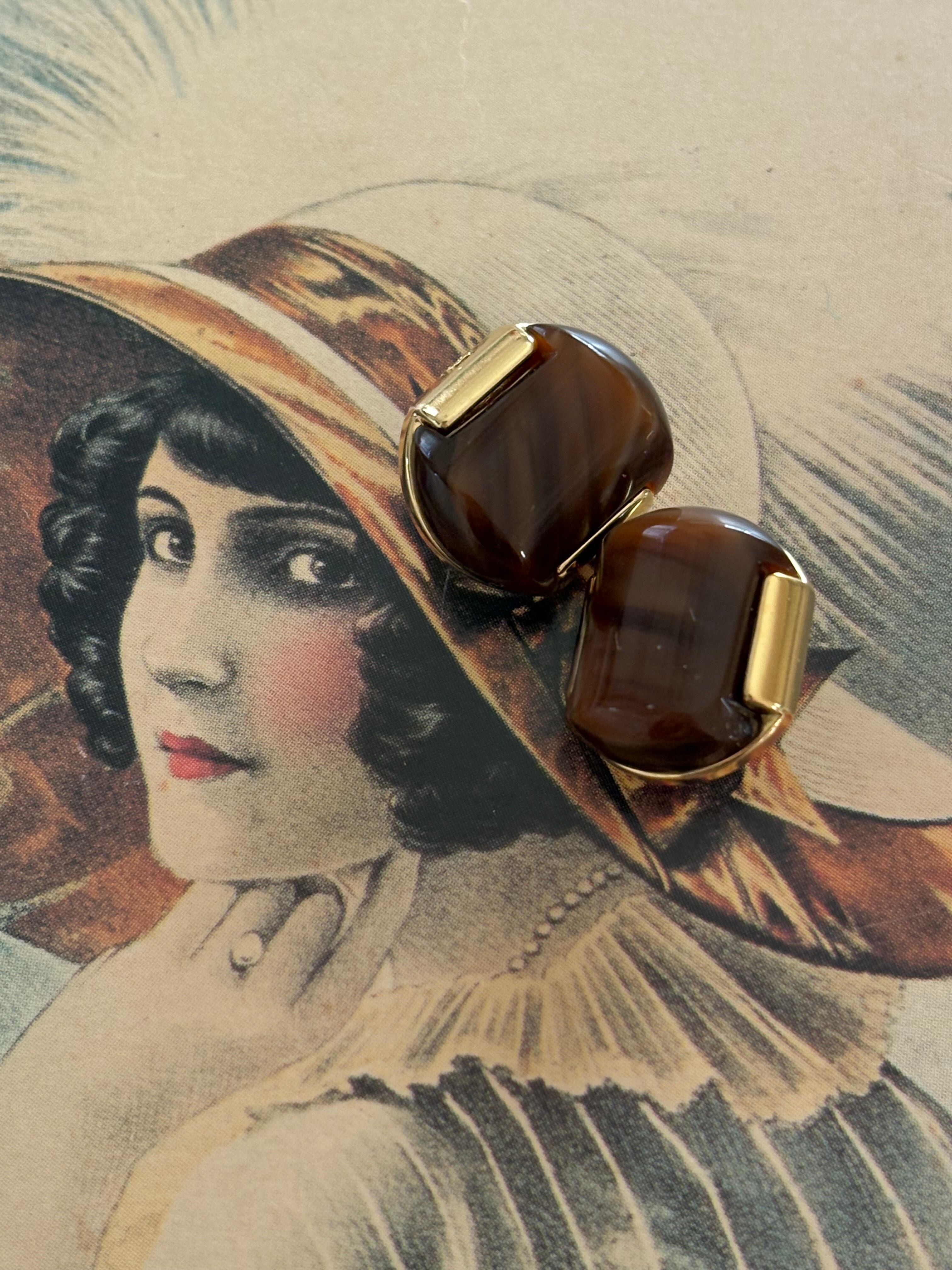 Japanese Vintage ヴィンテージボタン メタル×カボション マーブル調 ブラウン 14mm アクセサリーパーツ 装飾材