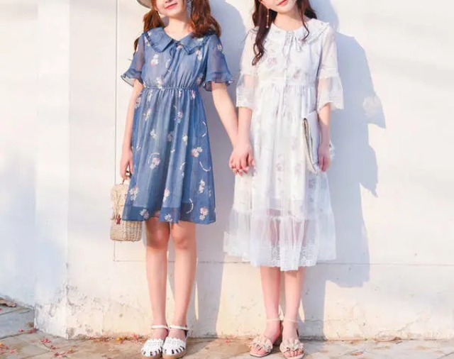フレアワンピース ホワイト ブルー 透け感  双子コーデかわいい 夏 韓国ファッション オルチャン
