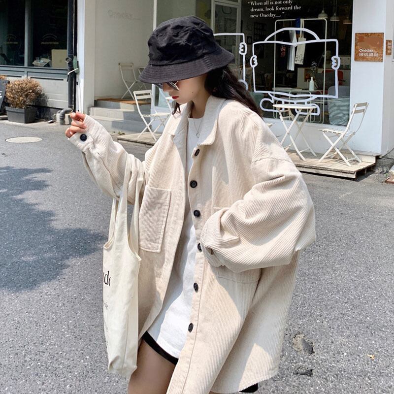 ブラックコーデュロイシャツ オータムルーズスタイルジャケット ロング 秋物 ケッペル16857655272