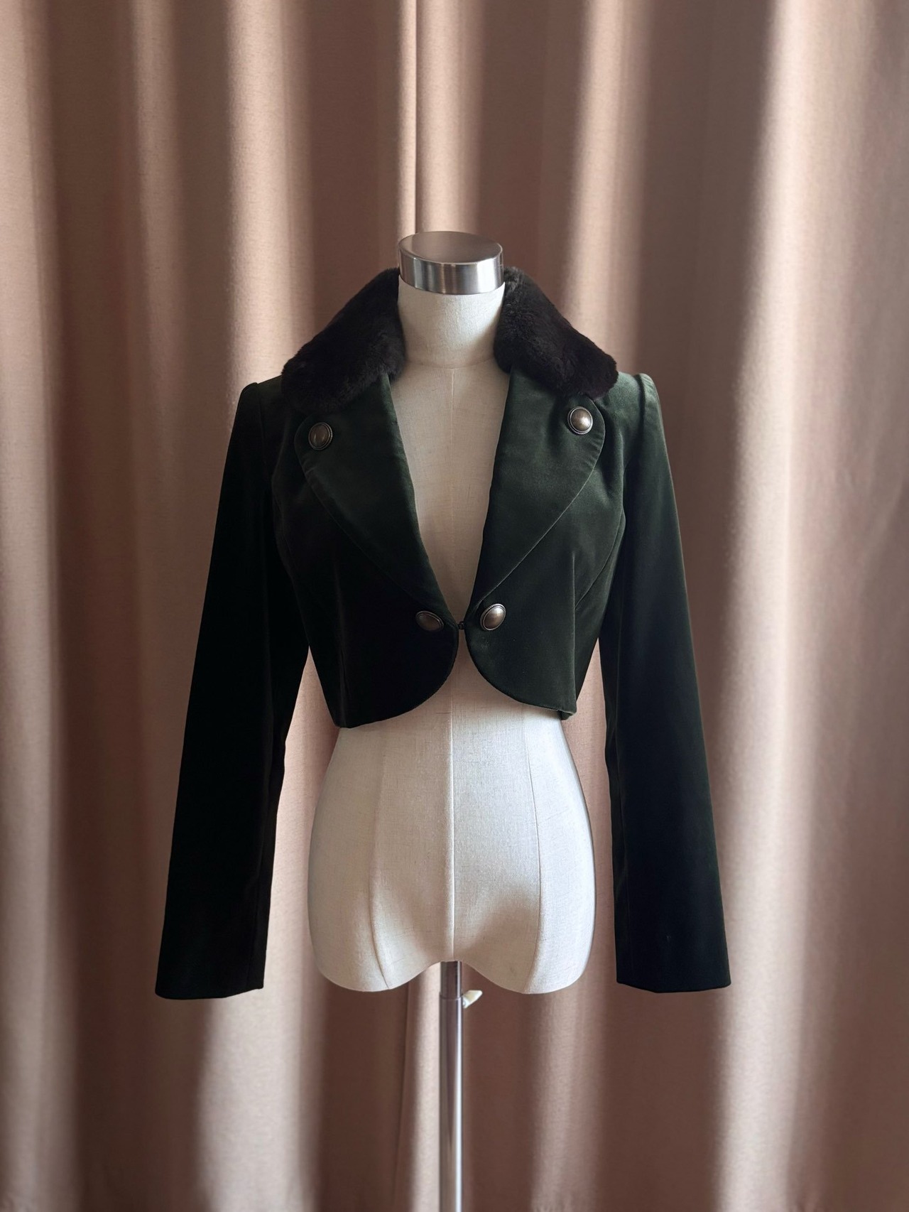 olive green velour short jacket-5009-10