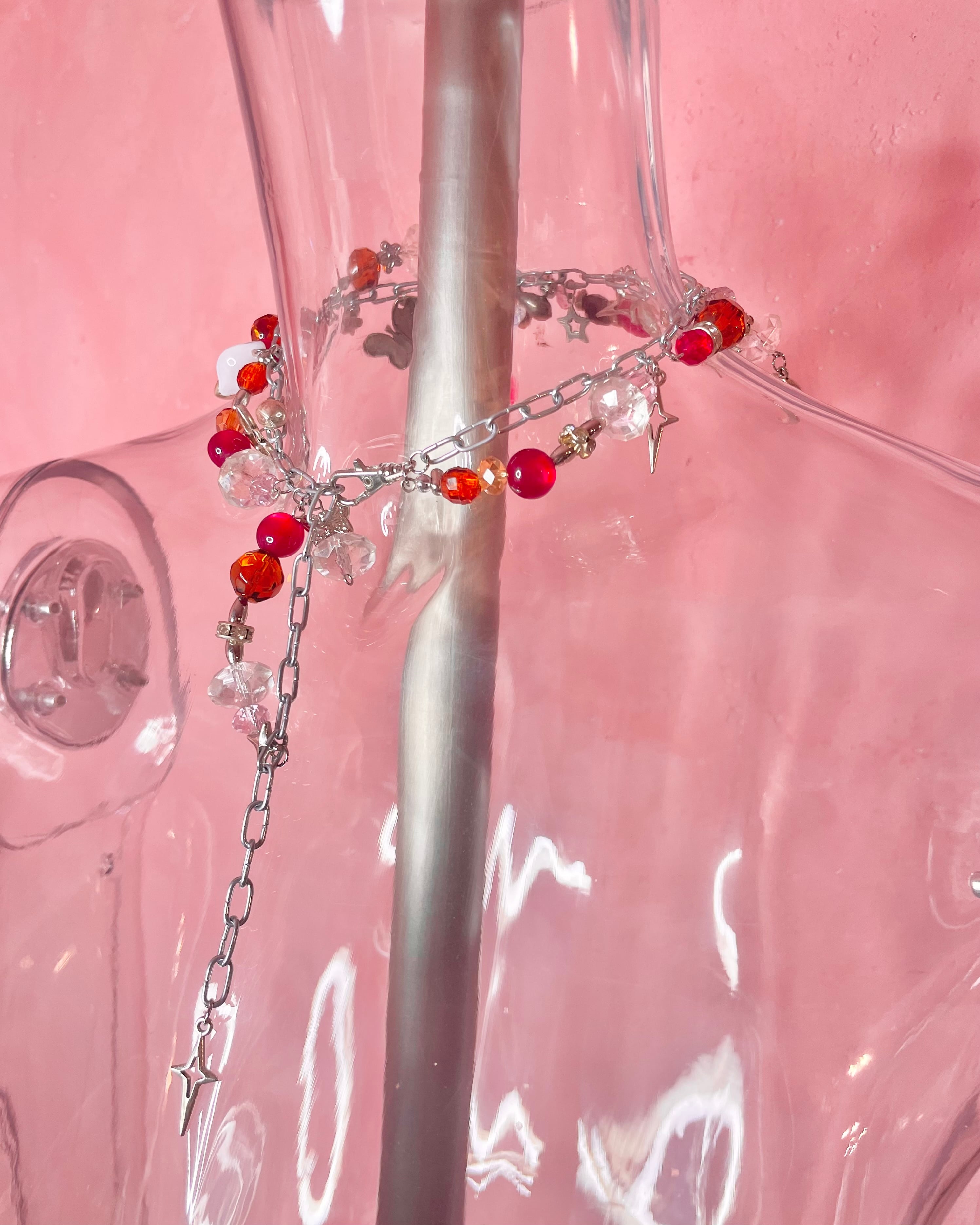 Chunky Charm Necklace 〈Silver red〉