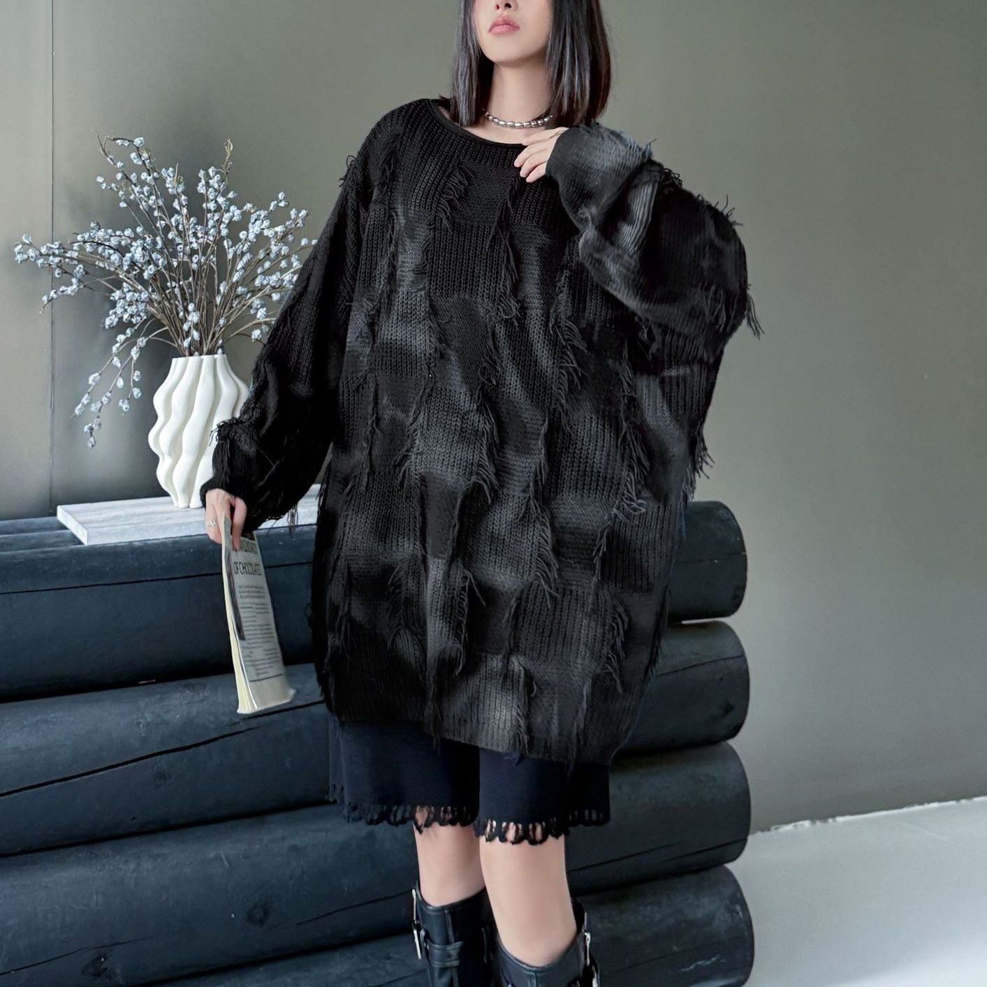 TIE-DYE FRINGE BOAT NECK OVERSIZED PULLOVER KNIT 2colors M-15148