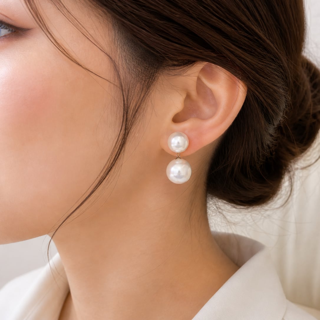 ダブルパール マグネットピアス|10mm×12mm ノンホールイヤリング
