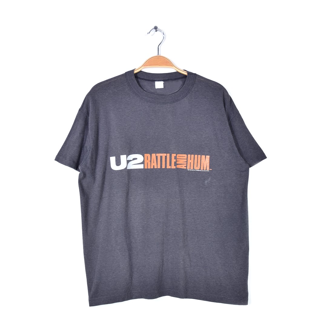 80s U2 RATTLE AND HUM 魂の叫び ヴィンテージTシャツ バンドTシャツ ボノ 黒 フェイドブラック サイズL相当 古着 @AAA1550