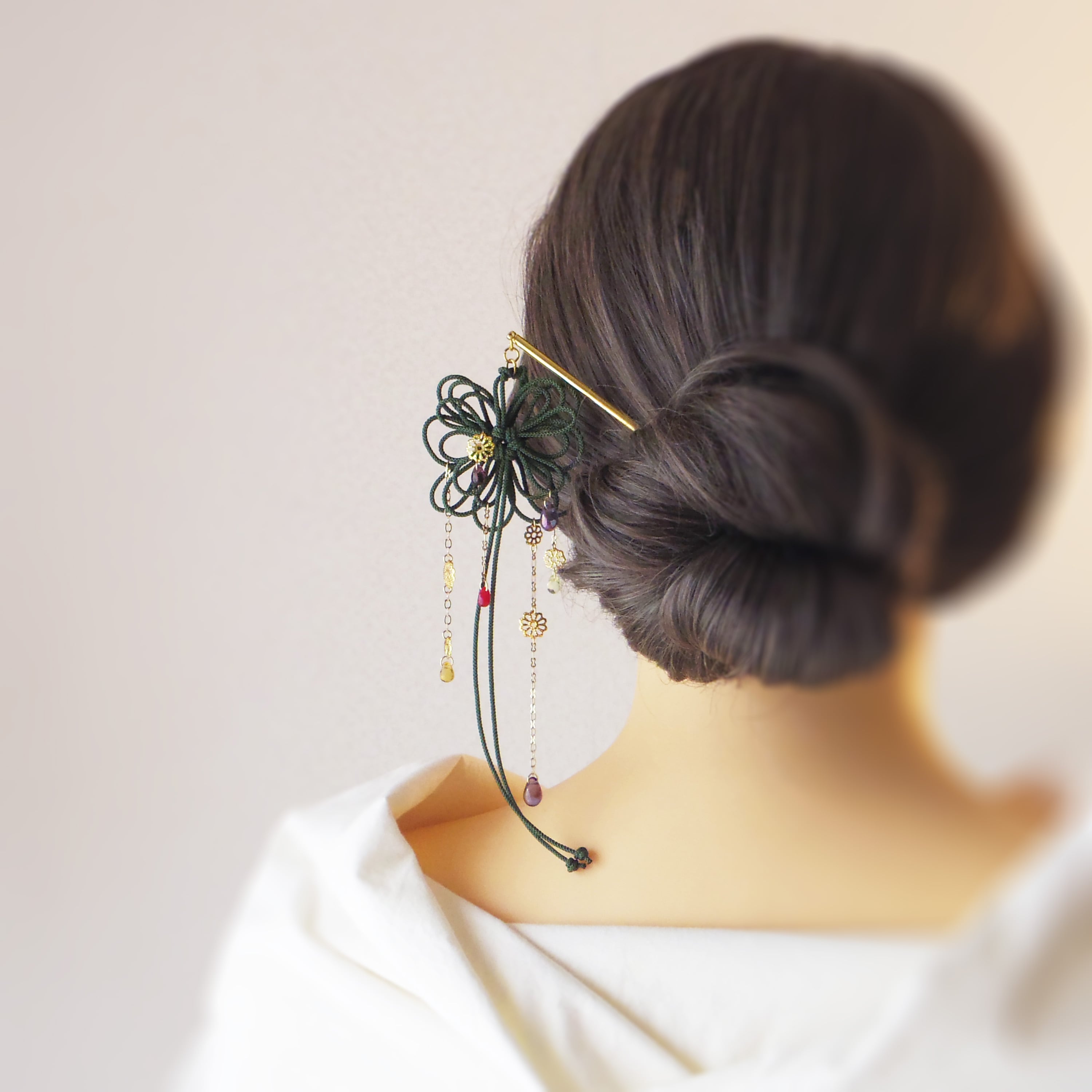 飾り結びかんざし「華とうた」【+チェコビーズ】浴衣・着物・フォーマルな和装ヘアに。