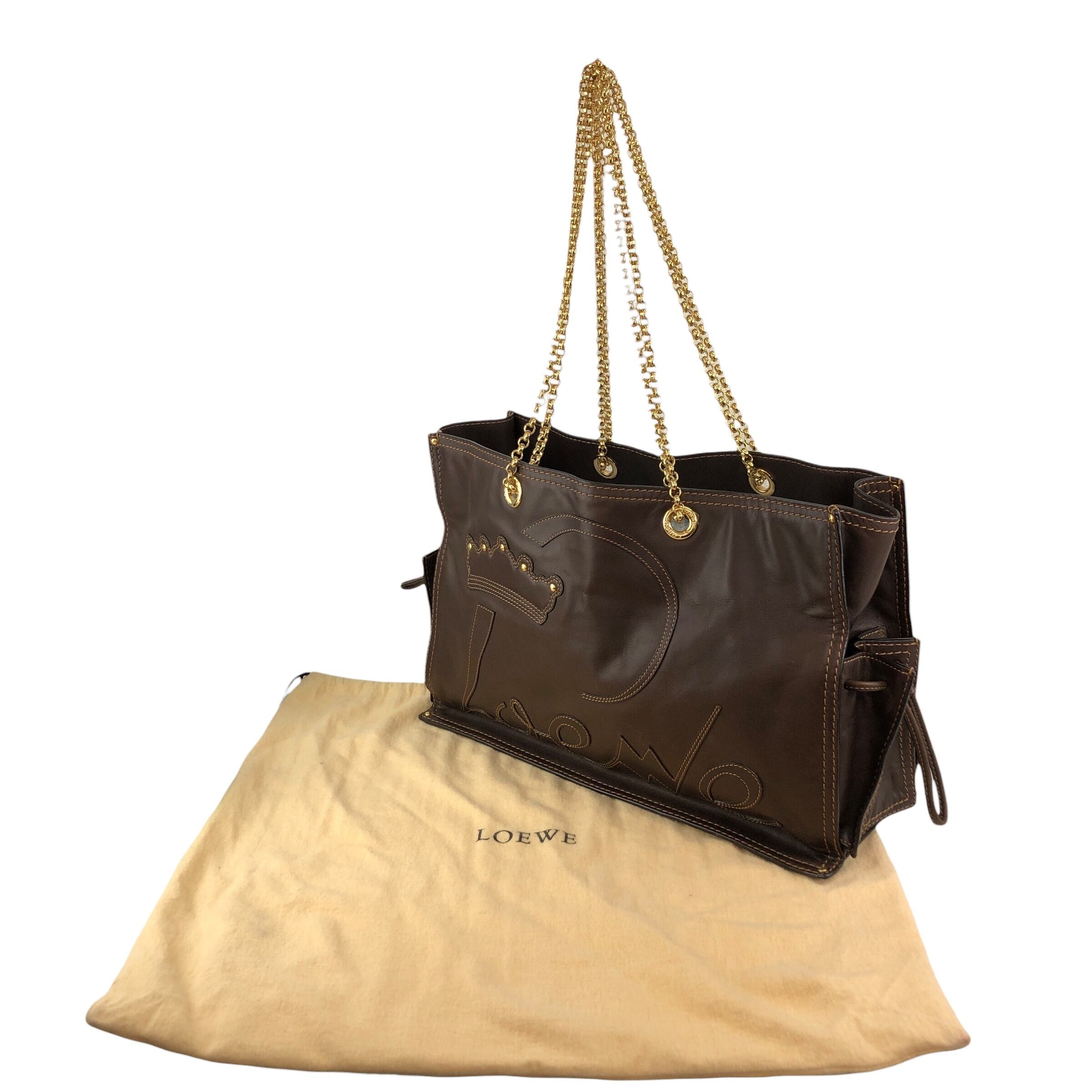 LOEWE ロエベ トートバッグ ブラウン ロゴ レザー チェーン vintage