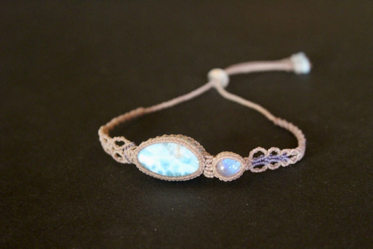 Larimar & Rainbow moonstone micro macrame bracelet