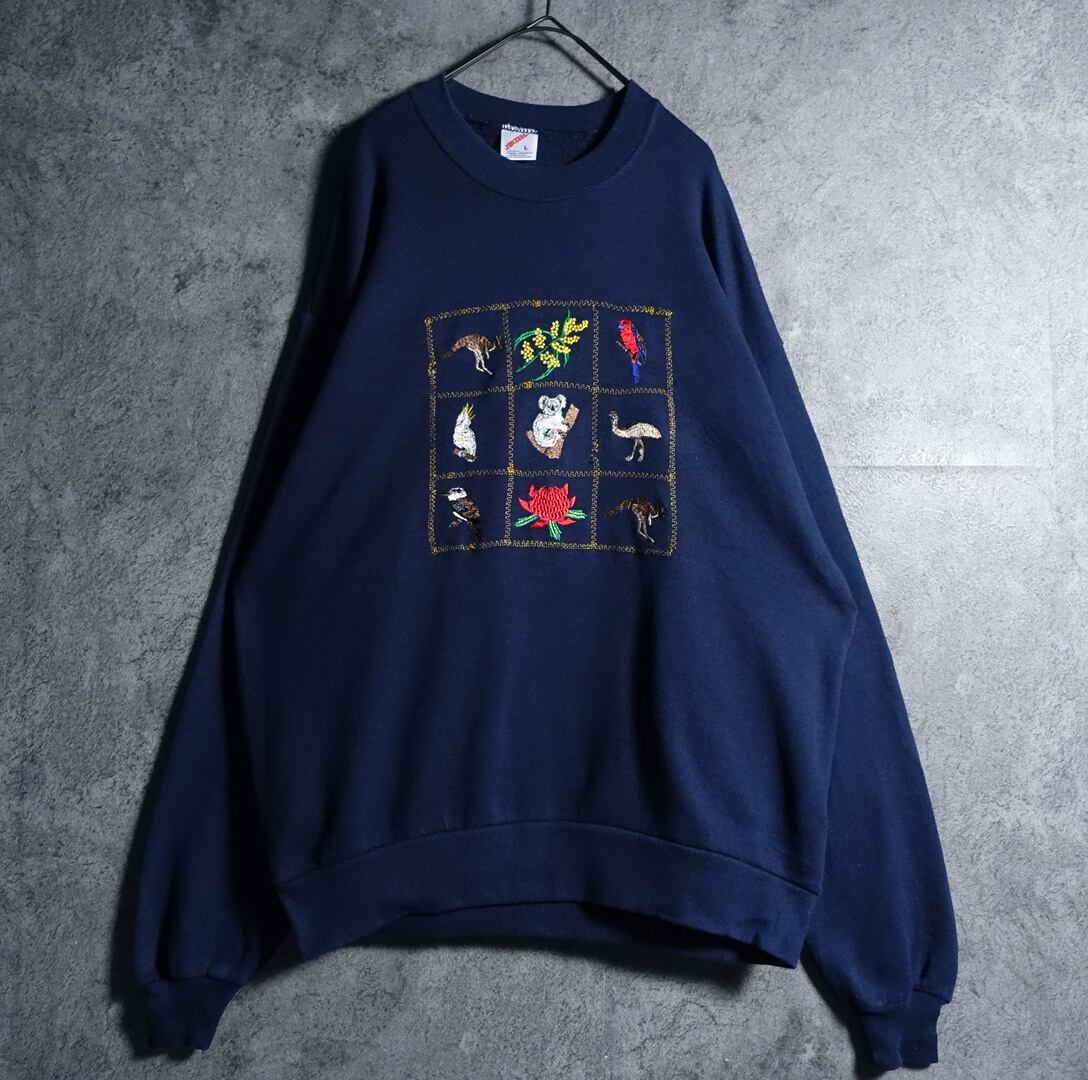 90s “JERZEES” Navy Animal & Flower Embroidery Design Sweat