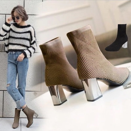 【3日以内出荷】ショートブーツ ストレッチ レディース ニット ソックスブーツ スクエアトゥ チャンキーヒール 太ヒ