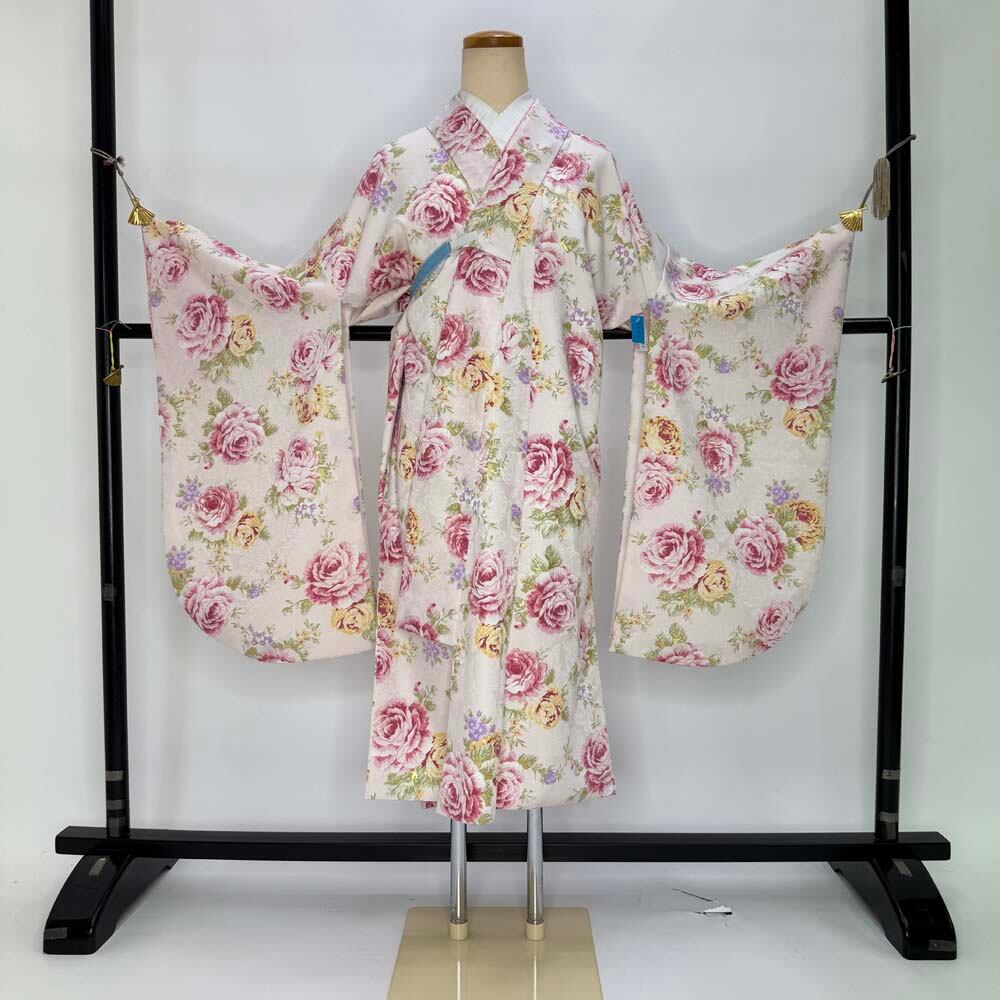 中古 着物 古典音楽  身長160cm 前後 二尺袖 単品 卒業式着物 白 裄68.5cm Lサイズ 袴用着物 化繊 中古 4543