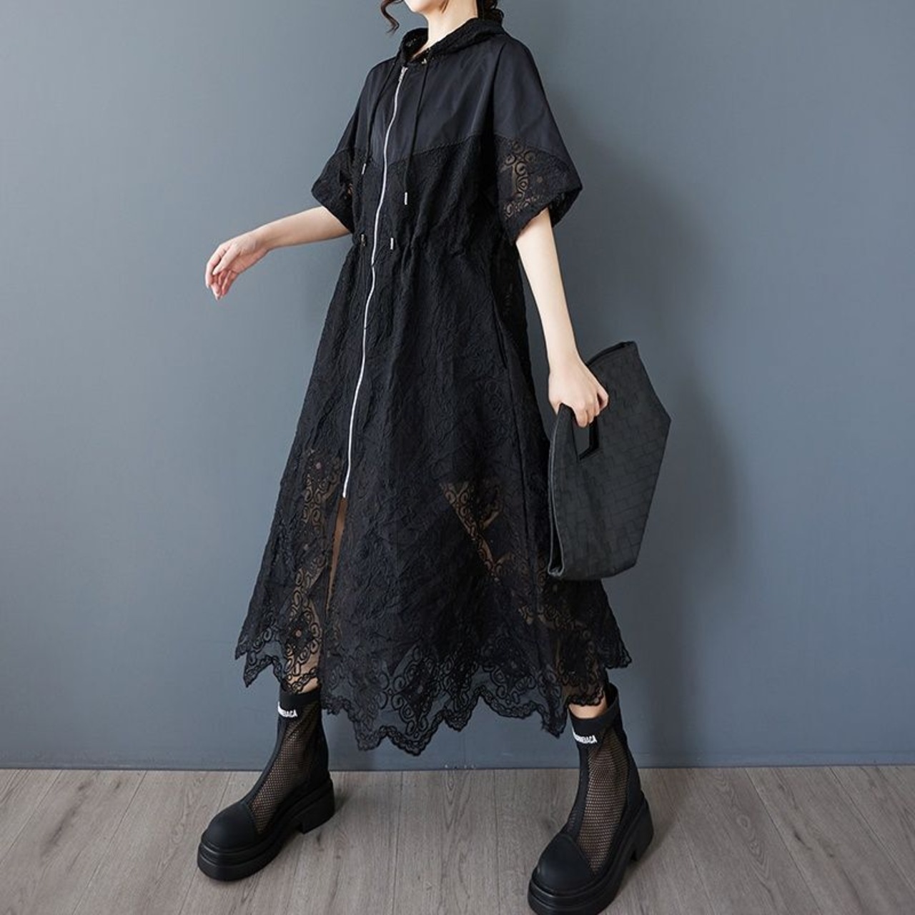 フード付き ジップアップ レースワンピース  30106