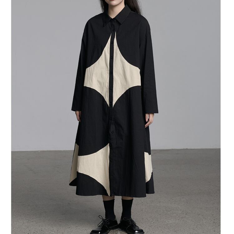 幾何学パターン切替ロングシャツワンピース|モノトーン×アートデザインR01347