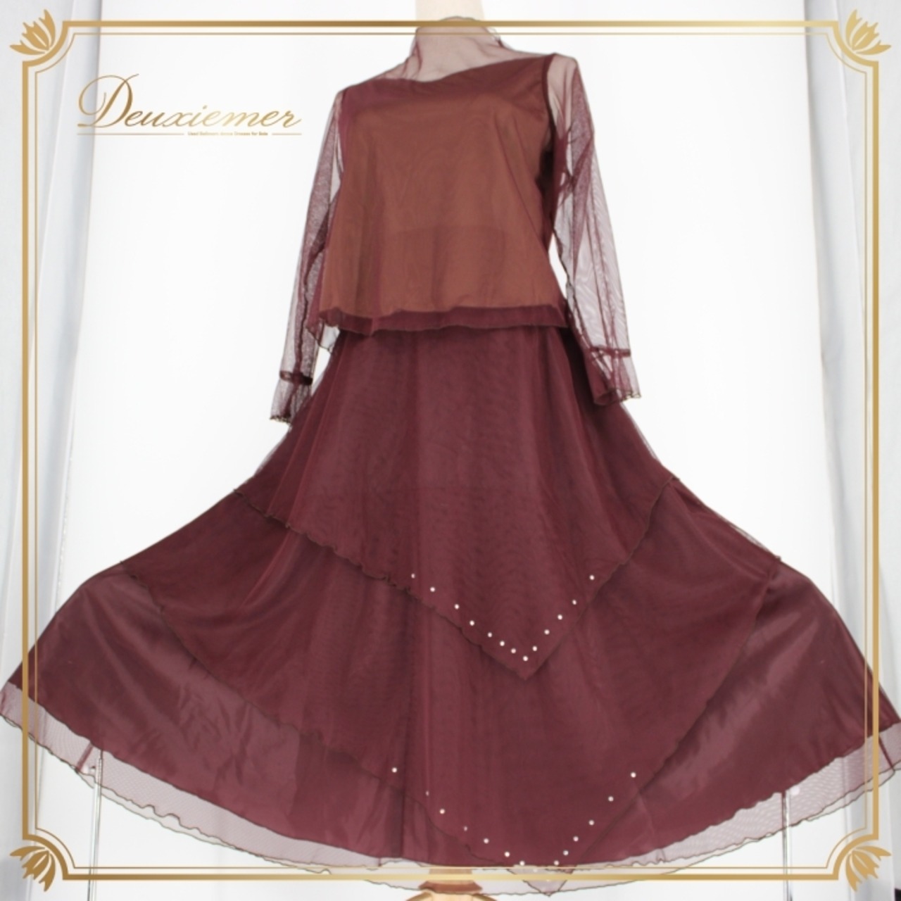 社交ダンス 衣装 スタンダード 上下セット ツーピース レッスンウェア パーティ衣装 女性用 オールシーズン U:NA ユーナ バーガンディ ブラウン系 ダンスウェア トップス スカート 軽やか レース素材 ラインストーン パーティー フォーマル Mサイズ おしゃれ 伸縮性 お祝い用 おすすめ コーディネート