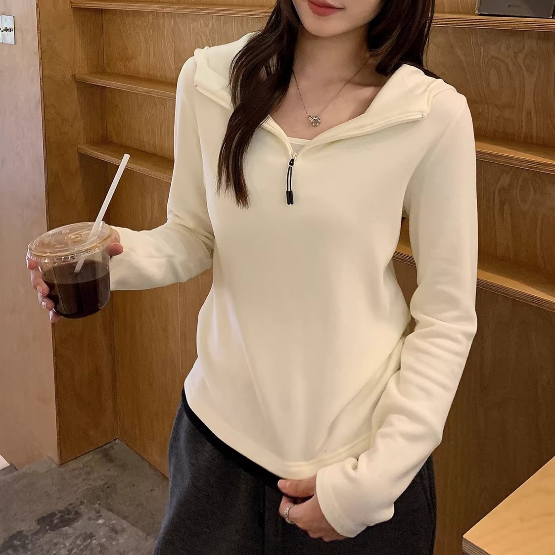 ハーフジップ 長袖 ヒップ丈 スウェットシャツ 4color ATO0152