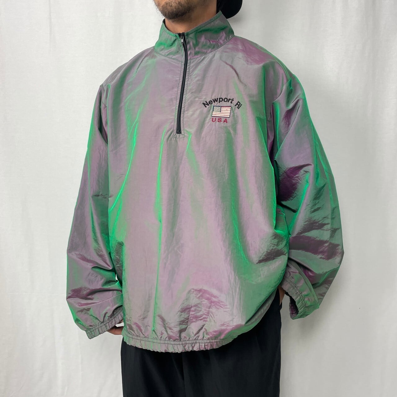 80年代 WISE GUY 玉虫色 ハーフジップ ナイロンプルオーバー メンズ2XL 