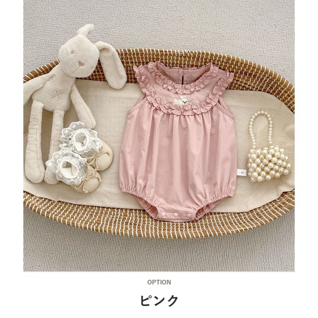 【BABY】うさぎ刺繍フリルノースリーブロンパース - 4