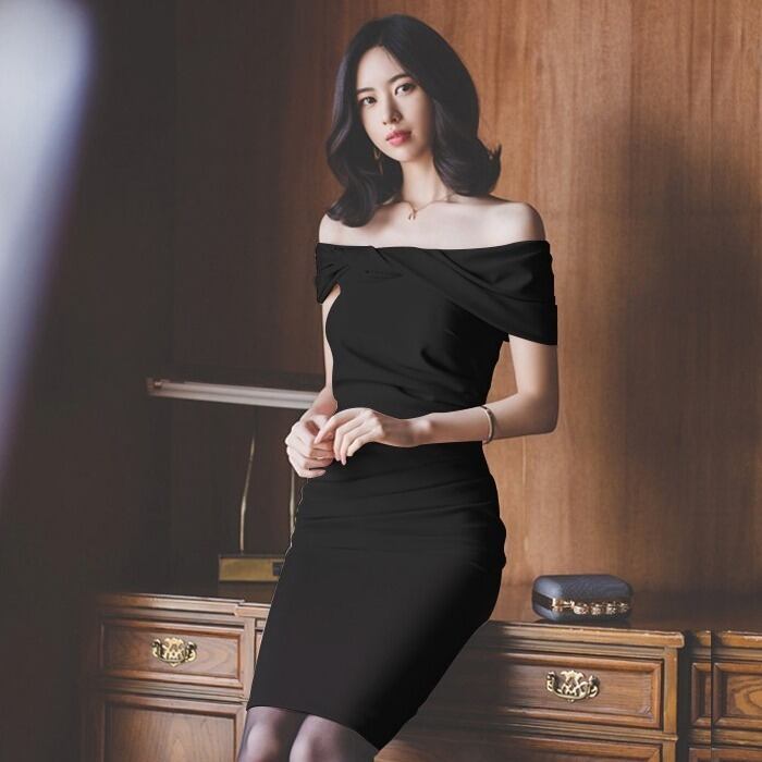 オフショルダー 黒 パーティードレス シンプル タイト ワンピース ブラック ピンク 上品 スリット 結婚式 二次会 謝恩会 膝丈 デート 食事会 フォーマル C029 Hollys Design