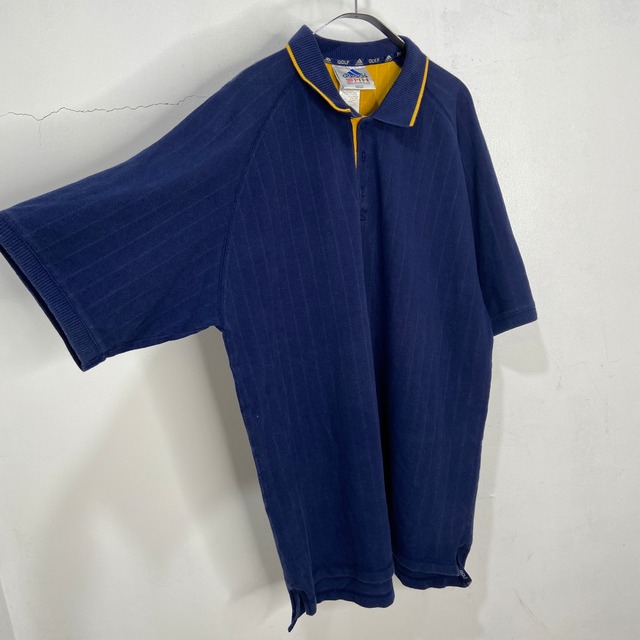 90s adidas アディダスゴルフ 半袖ポロシャツ ストライプ 紺 XL