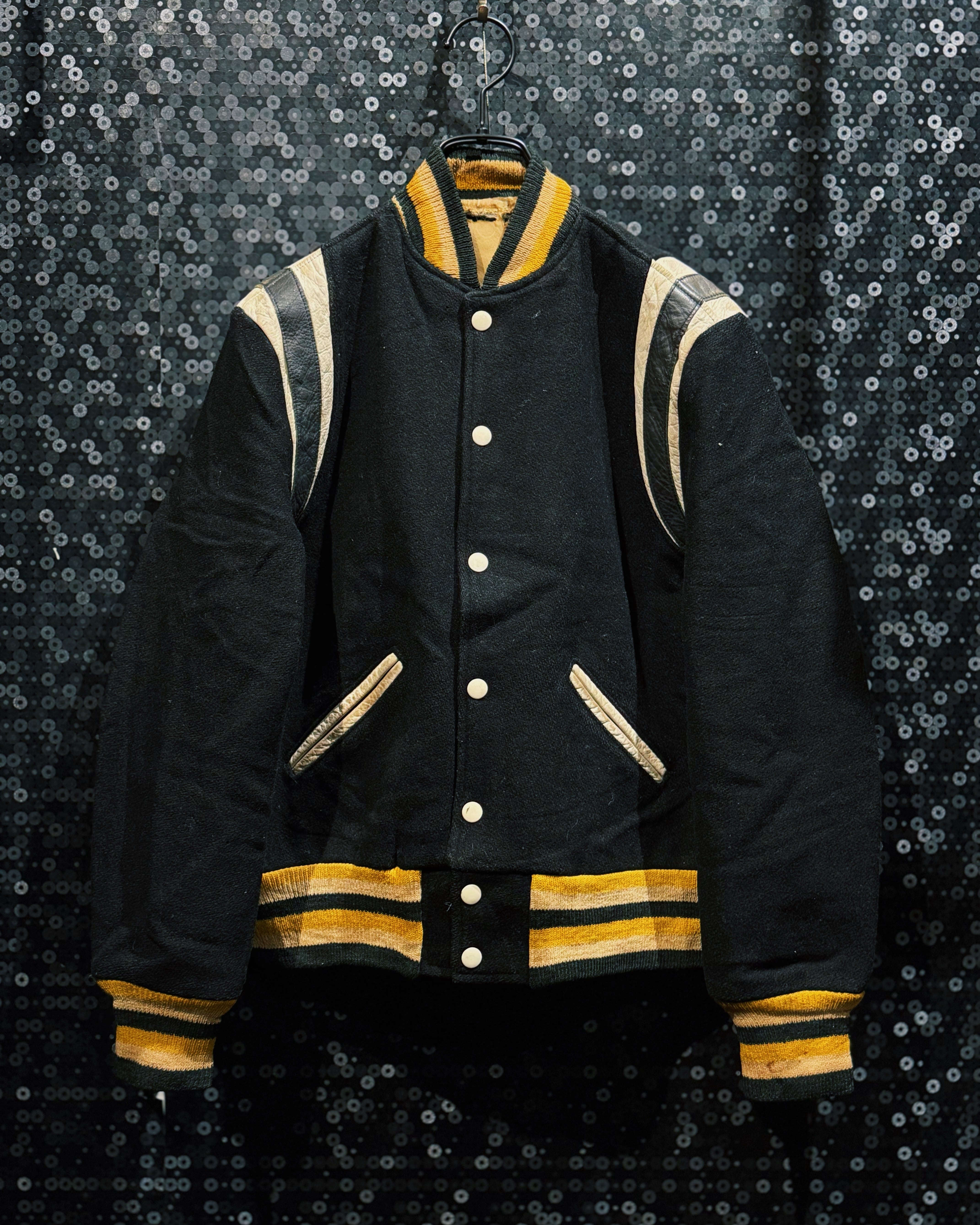 【ÆIEM】90's Vintage Black × Yellow Wool Varsity Jacket – Striped Rib & Leather Shoulder Line