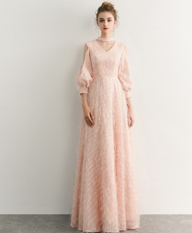 ピンク マキシ丈 Ｖネック フリンジ パーティードレス ipd0417