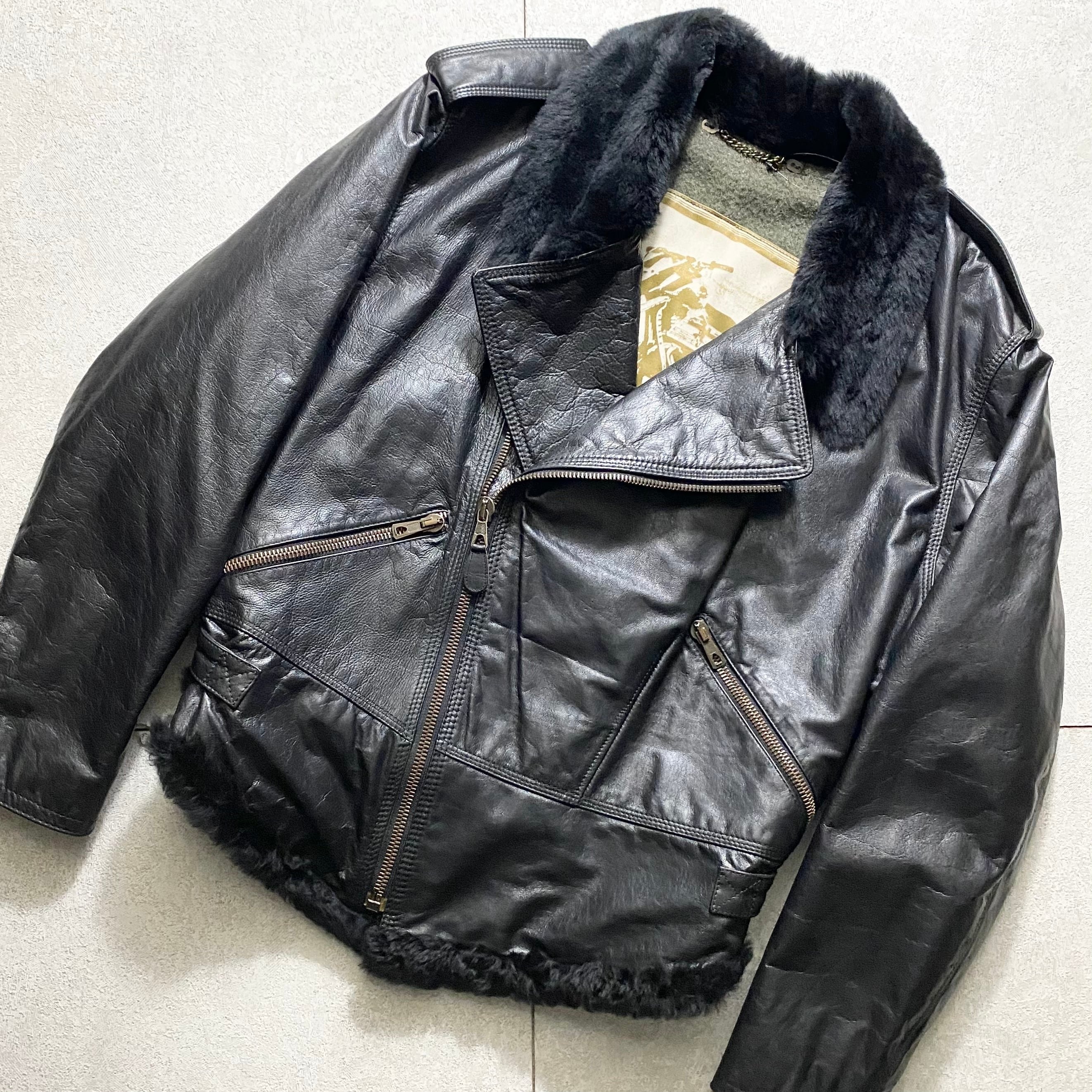 vintage EMPORIO ARMANI black leather riders jacket with fur | NOIR 