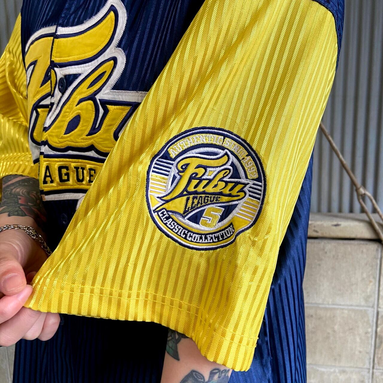 FUBU フブ ロゴワッペン ベースボールシャツ メンズXL 古着 ネイビー