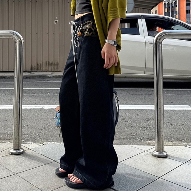lace-up leopard patchwork denim　編み上げレオパードパッチワークデニム　J0763
