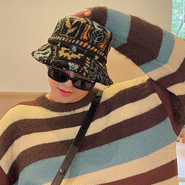 【予約販売】バケットハット メンズ ボア 防寒 帽子 ハット エスニック柄 ペイズリー柄 ブラック/ホワイト 防寒 防風 暖かい お洒落 韓国 トレンド