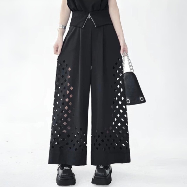 Grid cutout wide pants C1229