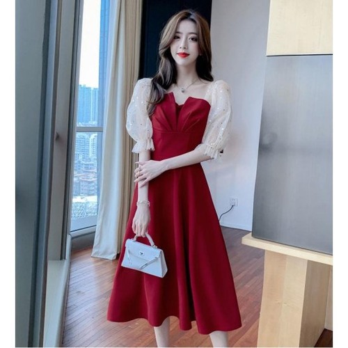 パーティードレス レディース ワンピースドレス 膝丈 結婚式ドレス 演奏会ドレス イブニングドレス パフスリーブ スパンコール レッド ブラック 赤 黒 お呼ばれ エレガント きれいめ