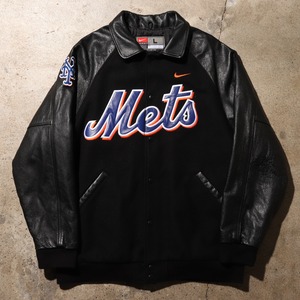 極美品 L NIKE Mets 90s 牛革レザースタジャン ジャケット ナイキ メッツ 黒