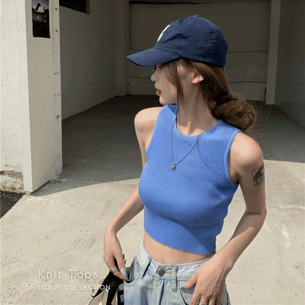 クロップド ノースリーブ ニット トップス タンクトップ リブニット 4色 Choice 31 レディースファッション通販