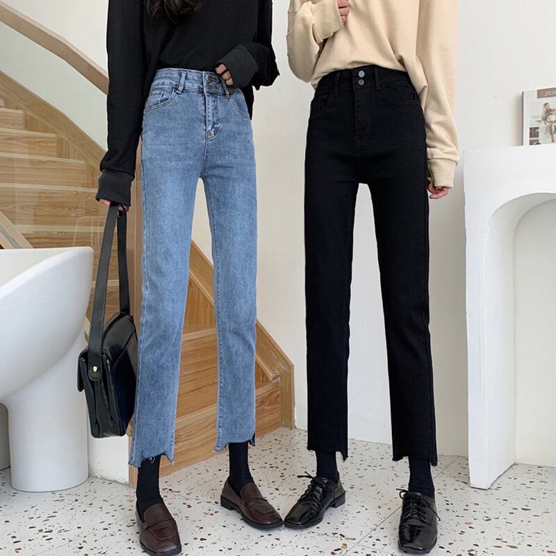 スプリングオータムブラックジーンズ ハイウェストパンツ 春物 秋物 試着室45719507105