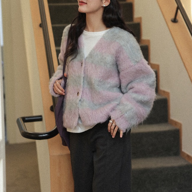 border v-neck cardigan　J00406