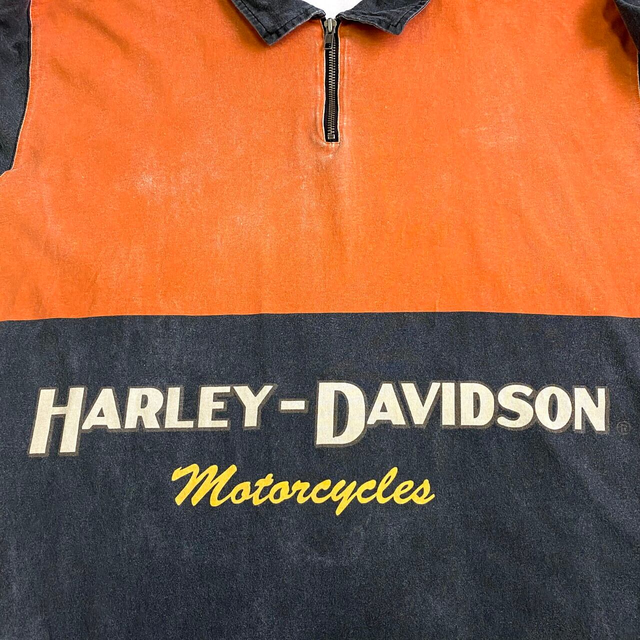 レアデザイン ビッグサイズ Harley-Davidson ハーレーダビッドソン 襟付き ハーフジップ ロングTシャツ メンズ2XL 古着 袖プリント  バックロゴプリントバイク モーターサイクルTシャツ ロンT ポロシャツ オレンジ×ブラック 大きいサイズ【ロングＴシャツ】 | cave