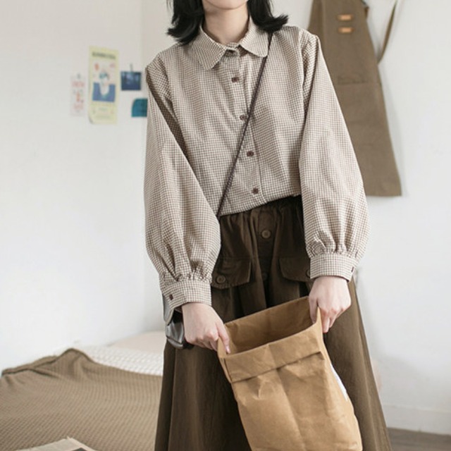 ギンガムチェック柄ビッグ丸襟ブラウス　M2166