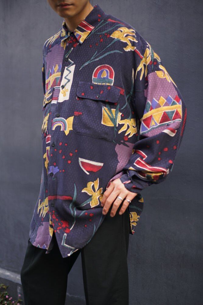 GOOUCH --NOS] Deadstock Art Print Silk Shirt [1990s-] Vintage Silk