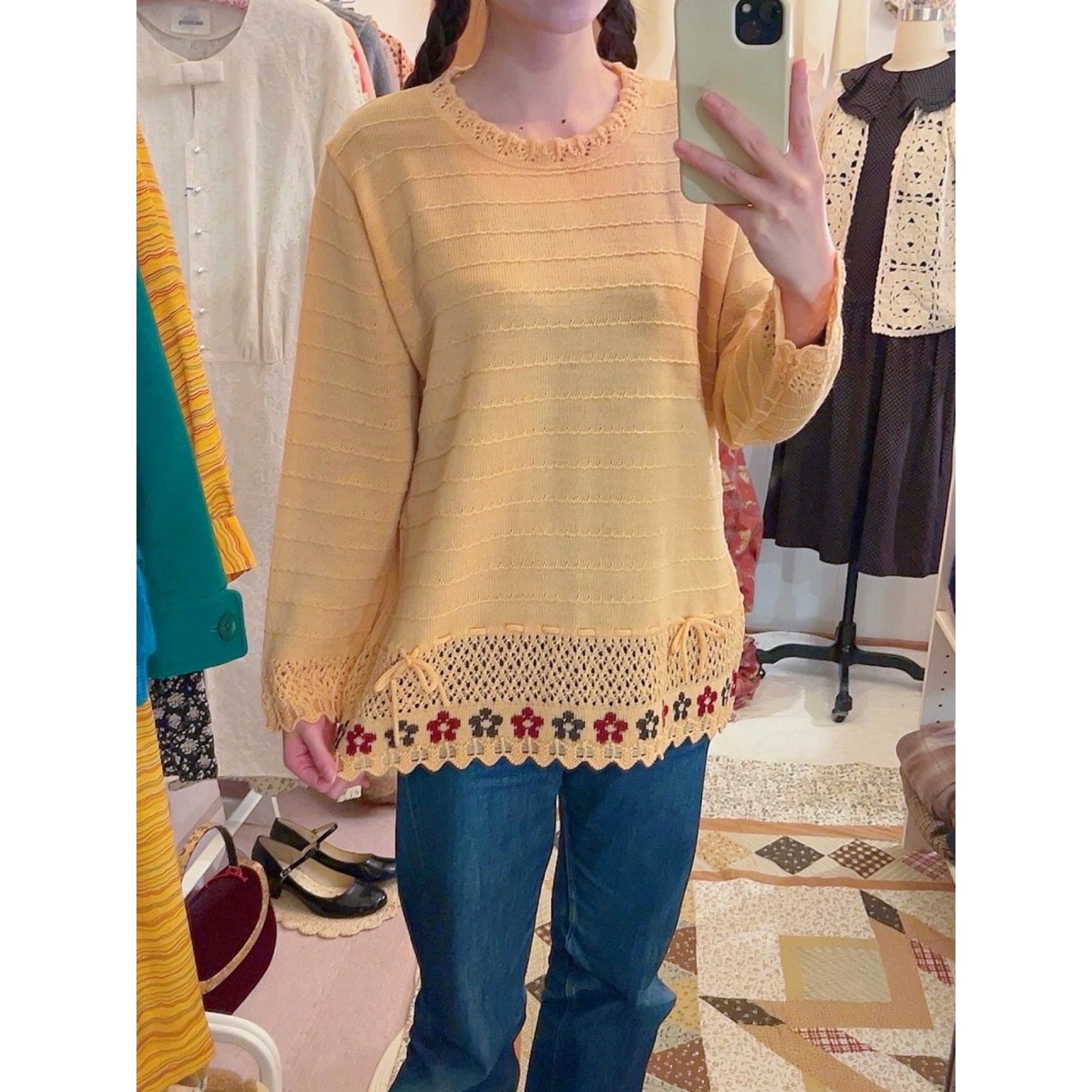orange flower ribbon openwork knit sweater