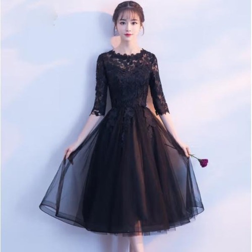 ドレス 結婚式  披露宴 二次会 フォーマル イブニングドレス ミディ 刺繍 レース 華やか エレガント パーティドレス Aライン 五分袖 ファスナー