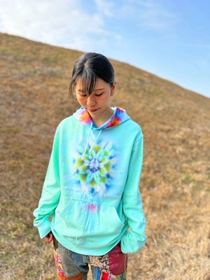 タイダイ Tie-dye プルオーバー パーカー Lサイズ 曼荼羅 ミントグリーン Hippies Dye最新作 HD25-37