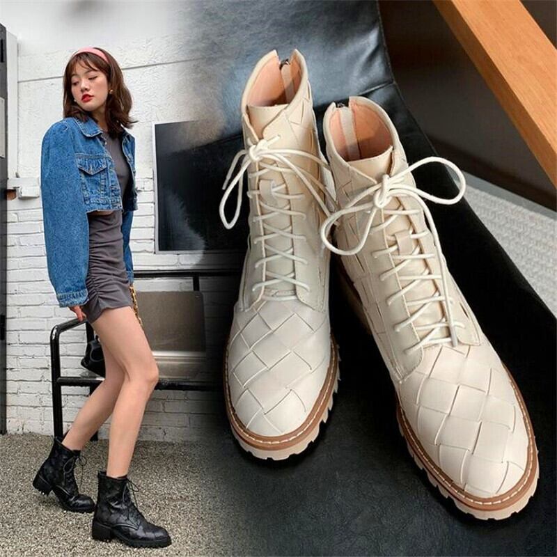 【新作】【送料無料】 冬の黒と白のクロスレースの女性のハイヒールのブーツで編まれた女性の増加したプラットフォームのハイヒールのブーツ ホワイト ブラック 靴 シューズ ウィンター 冬物 10b389238363568