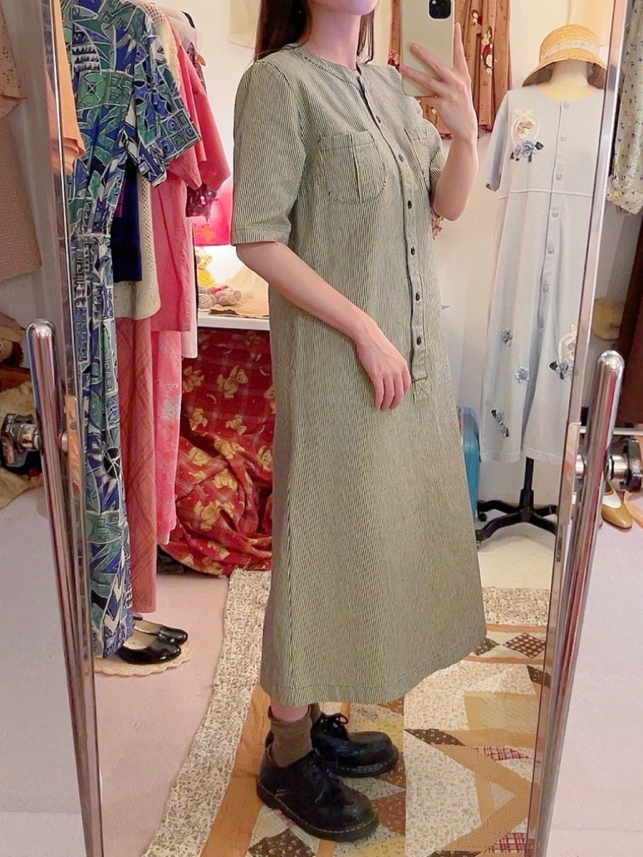 hickory stripe snap button one-piece