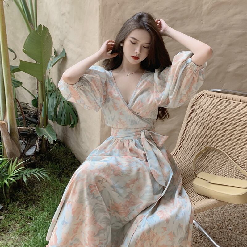 スリーブVネックドレス サマースタイルロングスカート 夏物 試着室94303528358