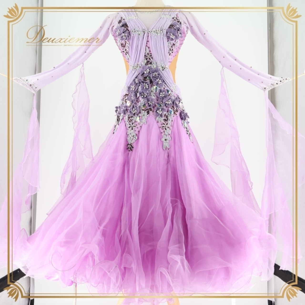 社交ダンス 衣装 スタンダードドレス ワンピース ドレス スタンダード 紫 ラベンダー フリル レース デモ 競技 ダンス パーティ 発表会 綺麗 花 MR DANCE パープル系 フォーマル ドレスアップ 競技用 スカート かわいい 女性用 お洒落 イベント用 華やか 豪華 演出用 パーティーウェア