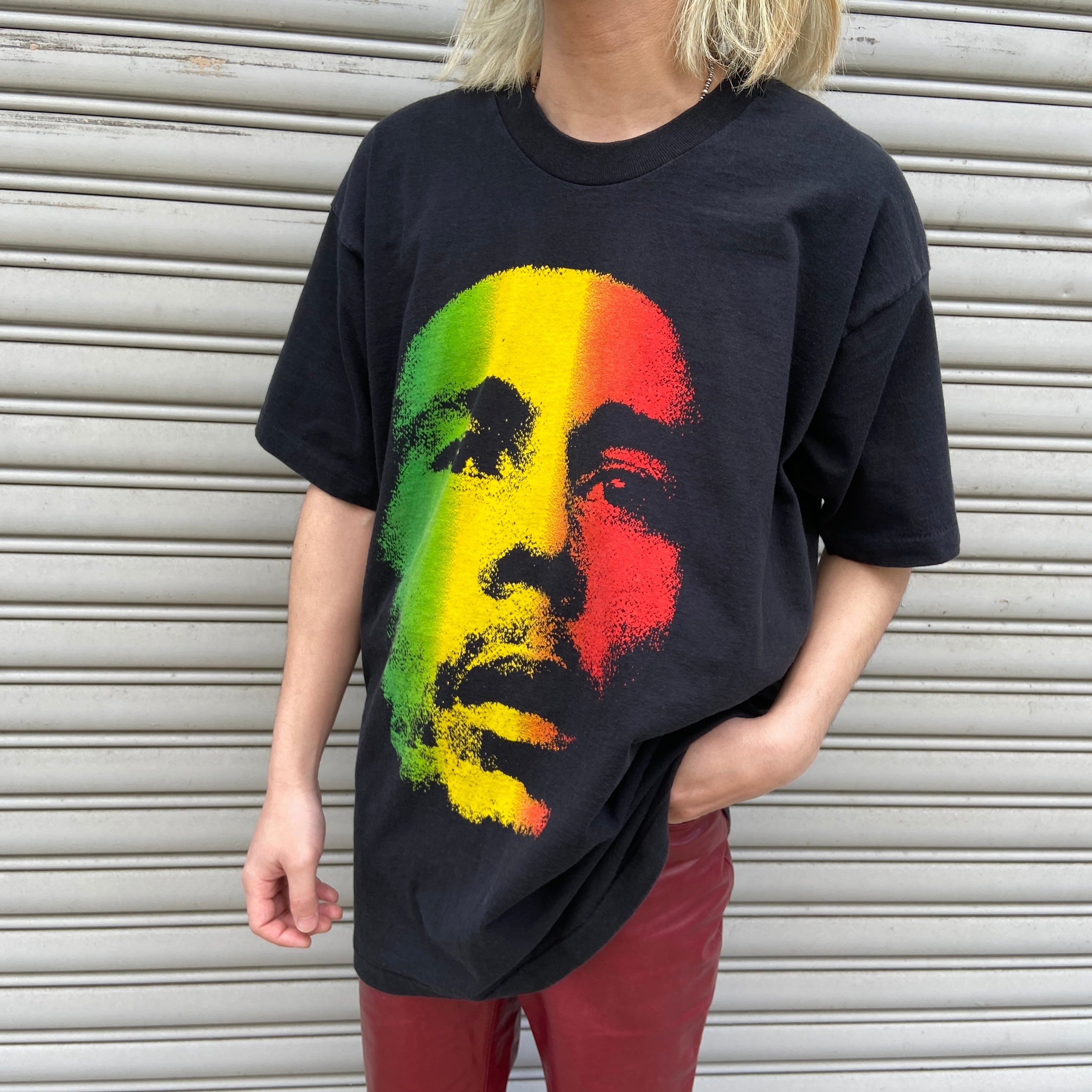 90's ボブ・マーリー フルーツボディ USA製 ビンテージXL 90s USA製 ボブマーリー フォトプリントTシャツ ラスタカラー 黒 XL